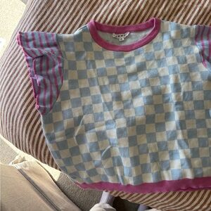 THML Blue and Cream Checker Knit Top with Pink Trim